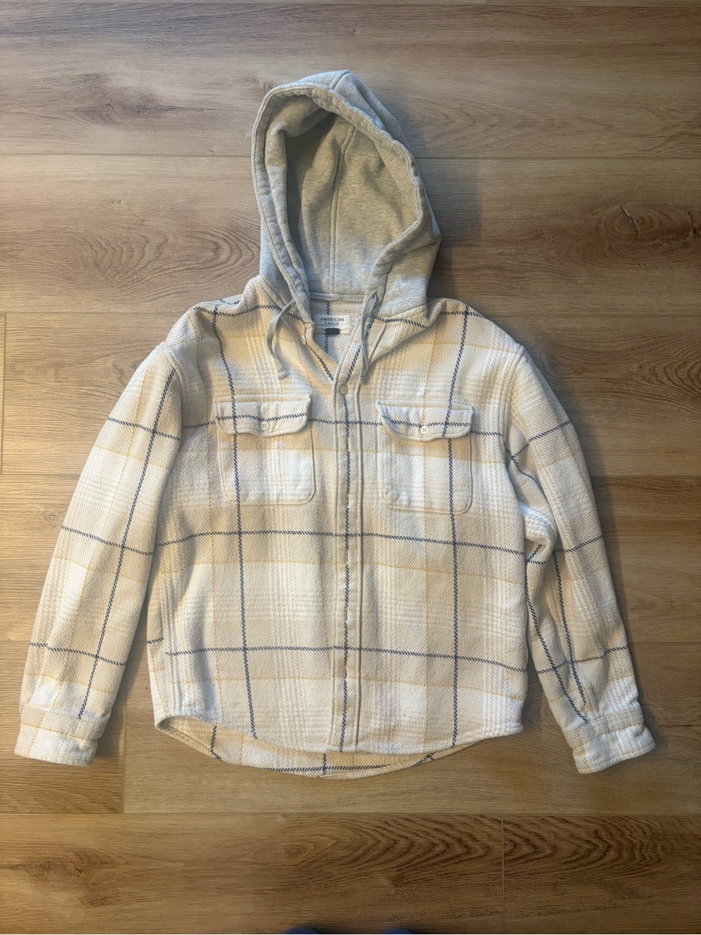 American Eagle Outfitters Cream Plaid Hooded Utility Jacket